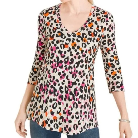 2/$30 Chico’s Cream Black Pink Boxy Blouse Top with Three-Quarter Sleeves - Picture 1 of 11
